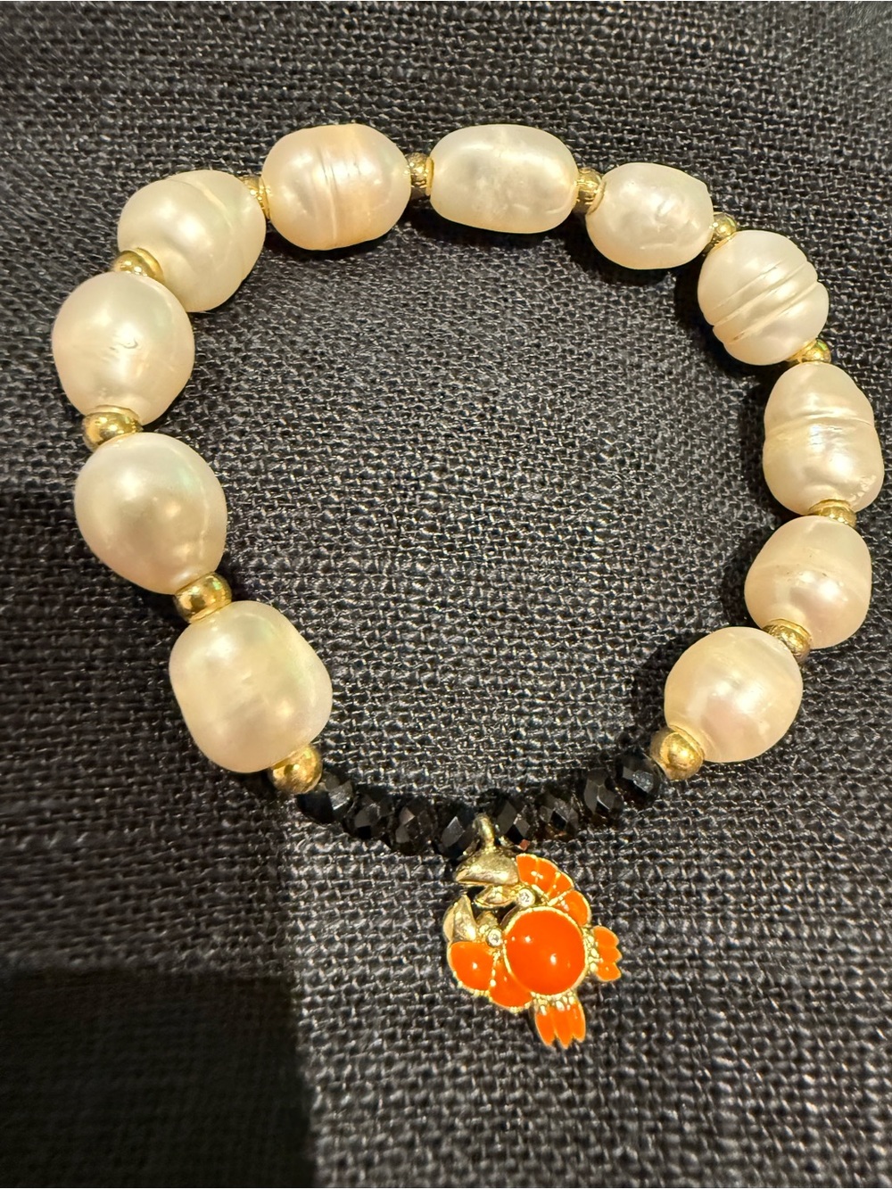 Freshwater Pearl Stretch Bracelet with Orange Crab Charm